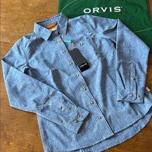 NWT Orvis Collared Blue Chambray Shirt UPF 40 Outdoor Performance, Size XS